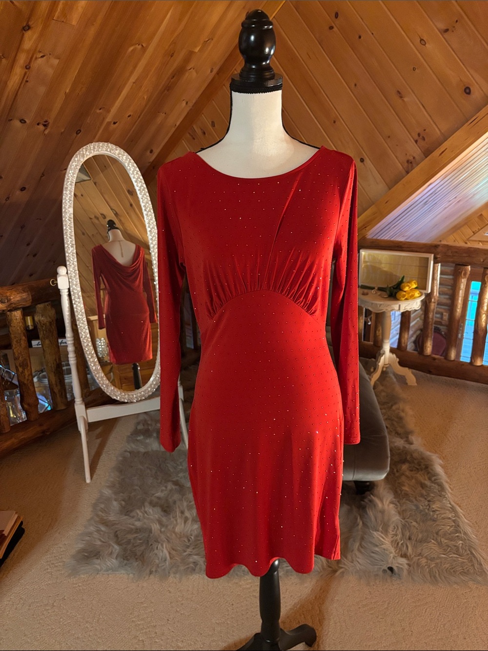 Michael Kors Red Long-Sleeve Rhinestone Stretch Dress